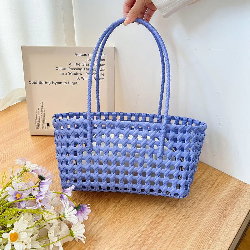 Woven Style Underarm Shoulder Basket Bag Set For Women 2-IN-1 PVC Hollow-out Pure Color Summer Beach Tote Bags 2025 New Handbags