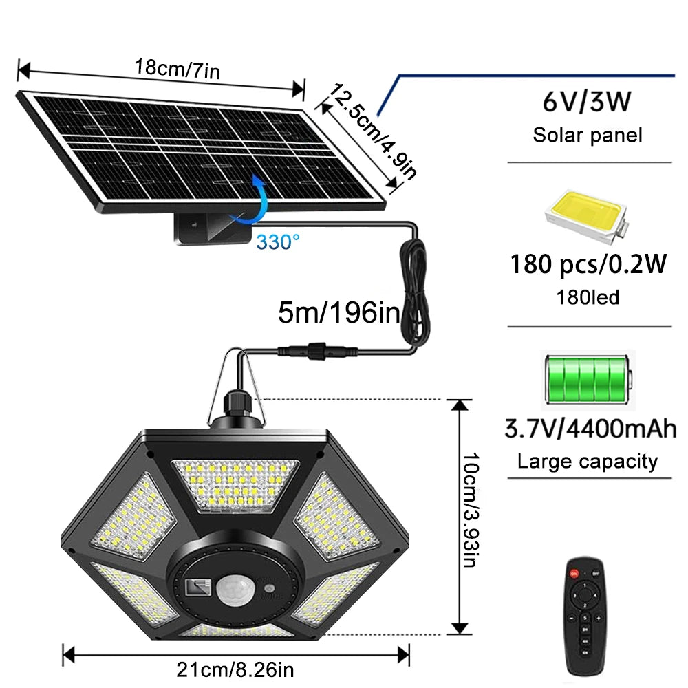 Solar Pendant Shed Lights Outdoor 228 LEDs 5 Modes Solar Motion Sensor Light Waterproof Remote Timers Garage Garden