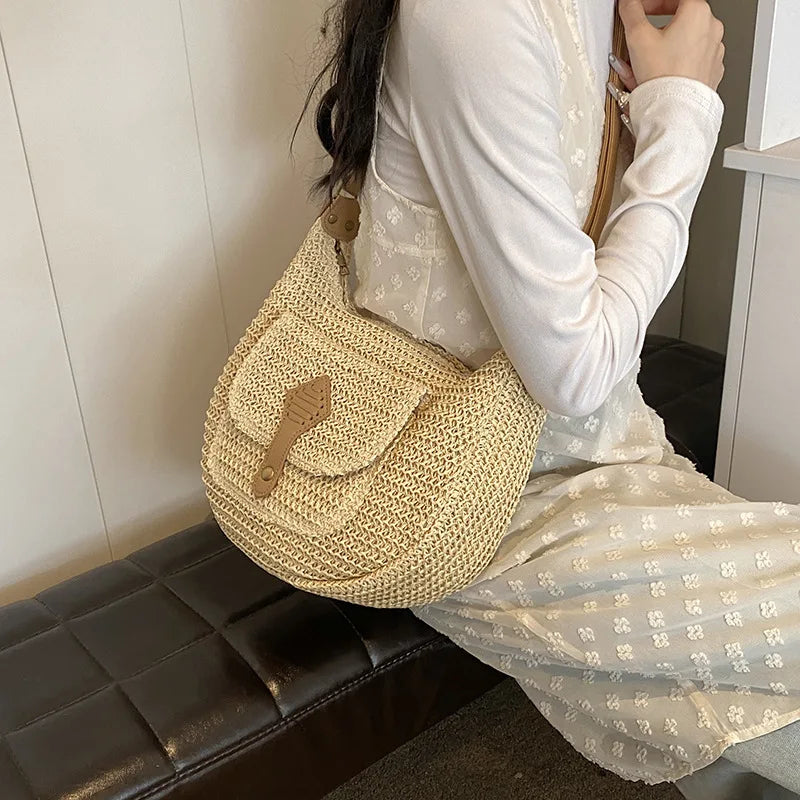 2024 Summer Beach Straw Handbags and Purses Weave Tote Bag Female Bohemian Shoulder Bags for Women Lady Travel Shopping Bags